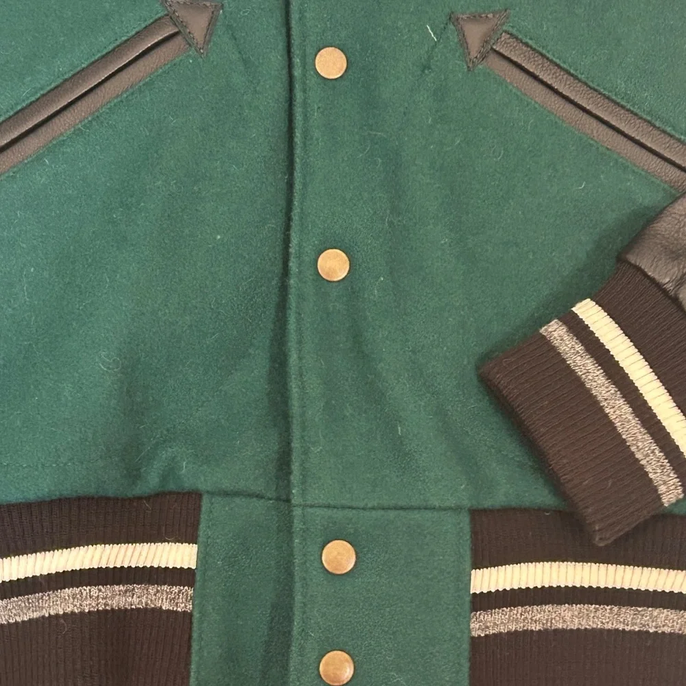 Roots Green Varsity‎ Jacket Sz S Wool Varsity Monogram Sleeve Logo Jacket